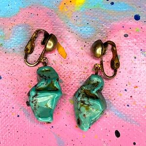 Vintage Turquoise Nugget Clip On Earrings